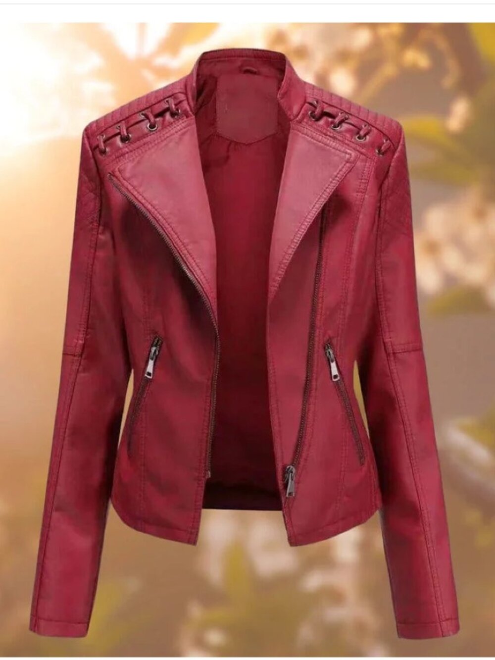 Juniper Faux Leather Moto Jacket - Dark Red - Small